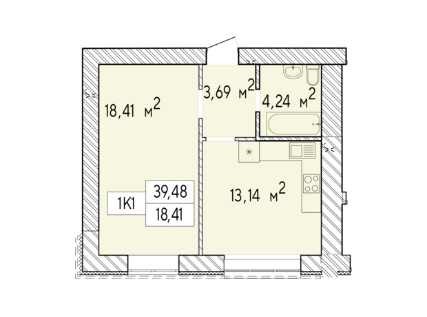 ЖК Фаворит Premium: планировка 1-комнатной квартиры 39.48 м²