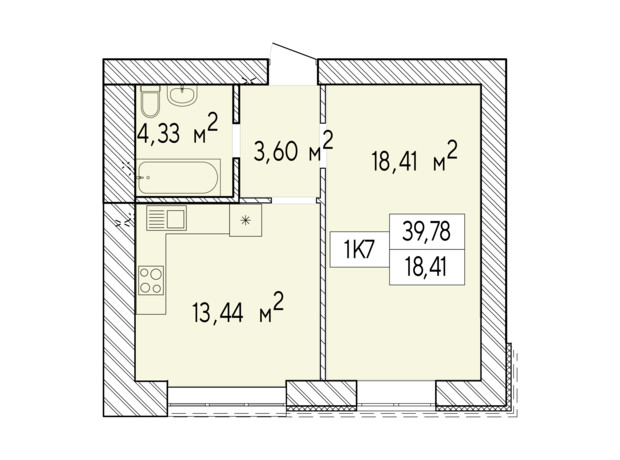 ЖК Фаворит Premium: планировка 1-комнатной квартиры 39.78 м²