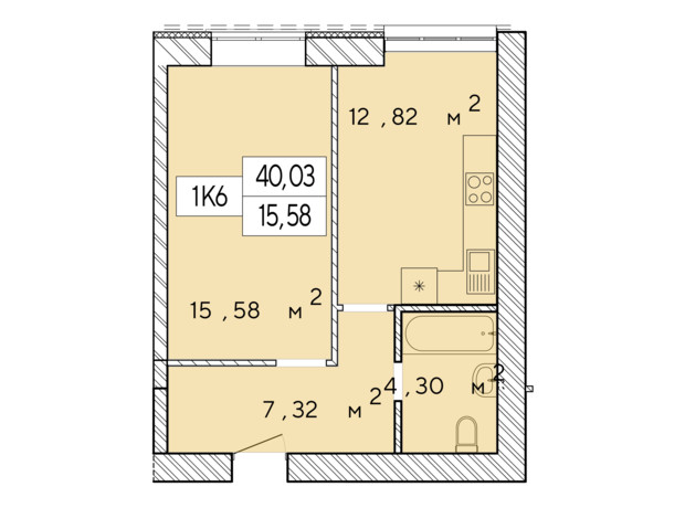 ЖК Фаворит Premium: планування 1-кімнатної квартири 40.03 м²