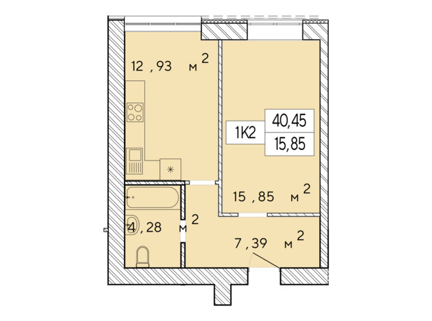 ЖК Фаворит Premium: планування 1-кімнатної квартири 40.45 м²