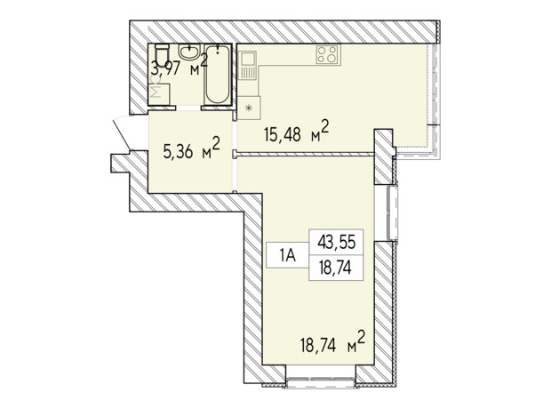 ЖК Фаворит Premium: планування 1-кімнатної квартири 43.55 м²