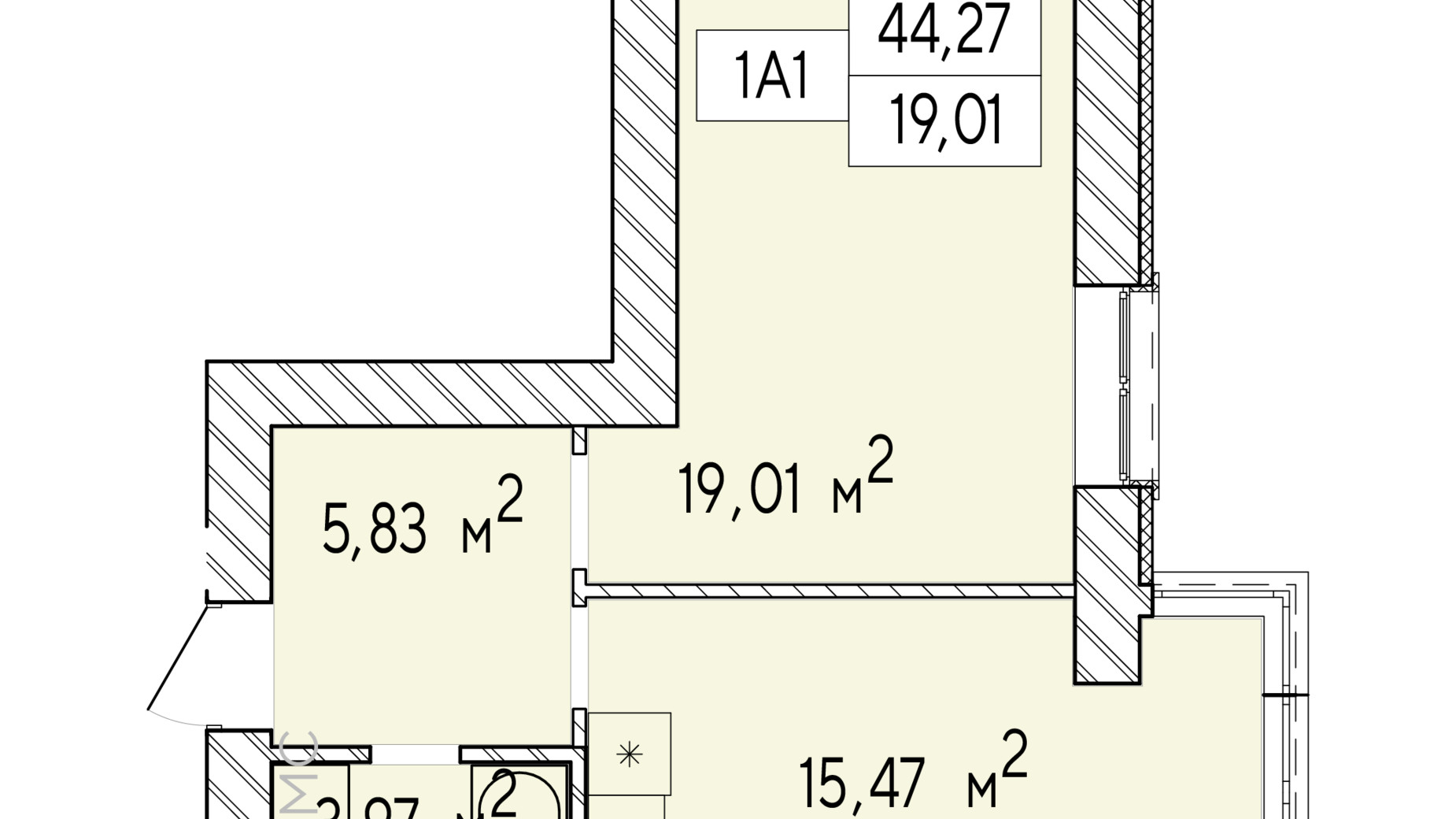 Планування 1-кімнатної квартири в ЖК Фаворит Premium 44.27 м², фото 548482
