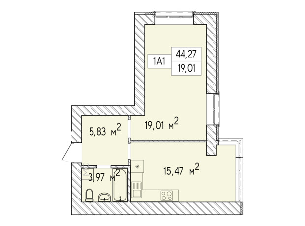 ЖК Фаворит Premium: планування 1-кімнатної квартири 44.27 м²