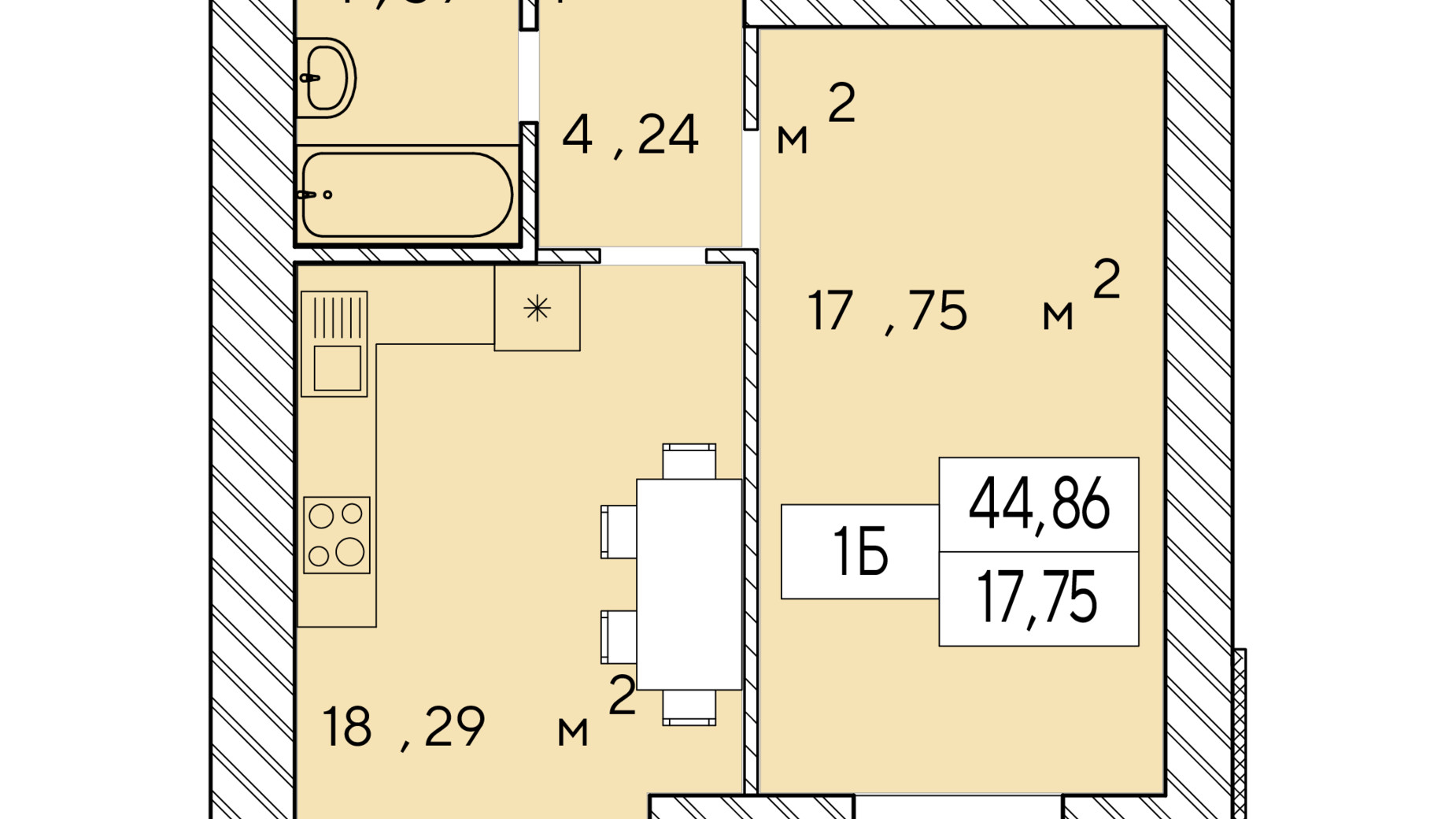 Планування 1-кімнатної квартири в ЖК Фаворит Premium 44.86 м², фото 548483