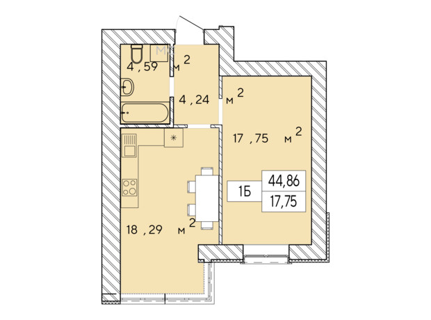 ЖК Фаворит Premium: планування 1-кімнатної квартири 44.86 м²