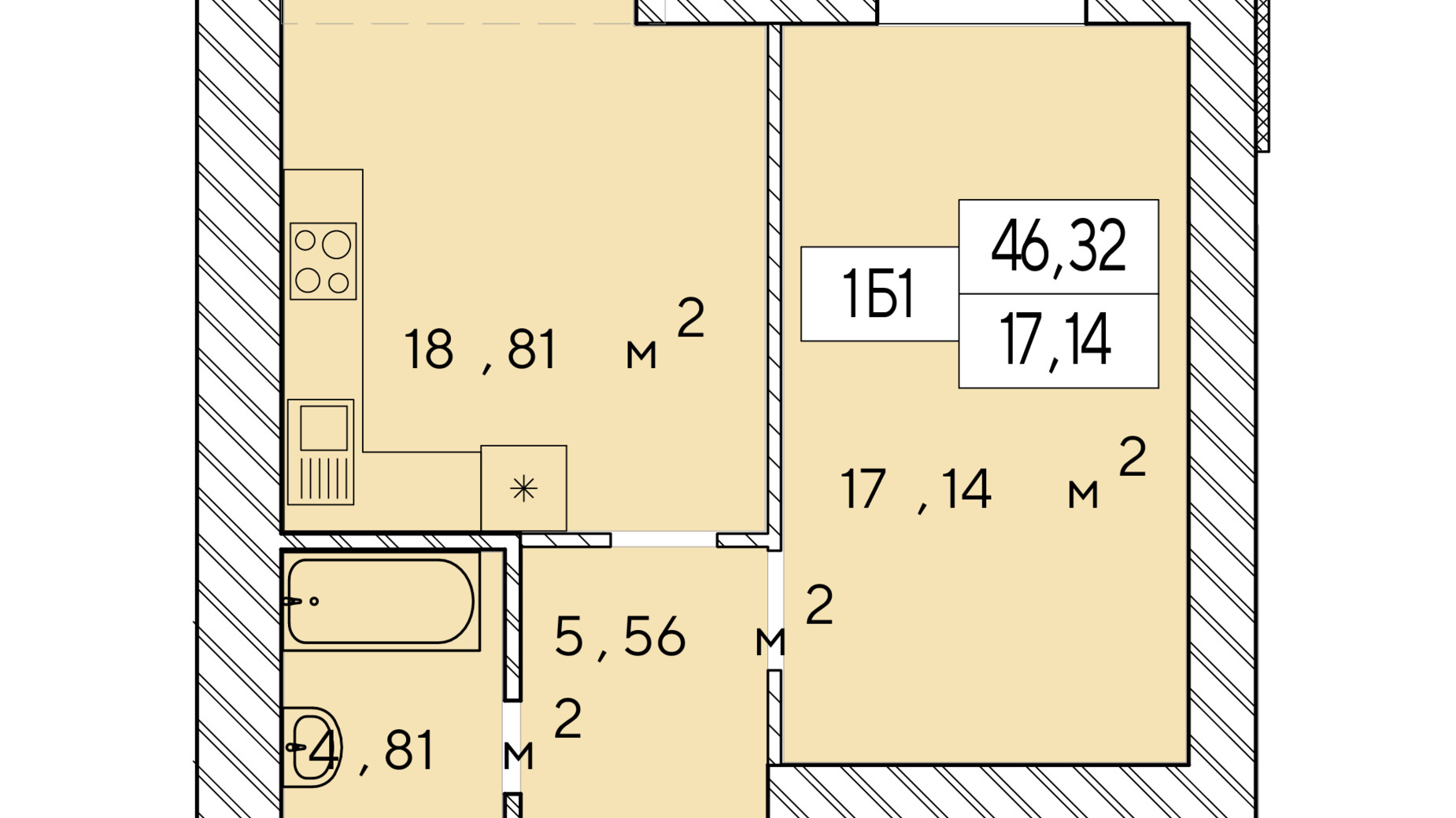 Планування 1-кімнатної квартири в ЖК Фаворит Premium 46.32 м², фото 548484