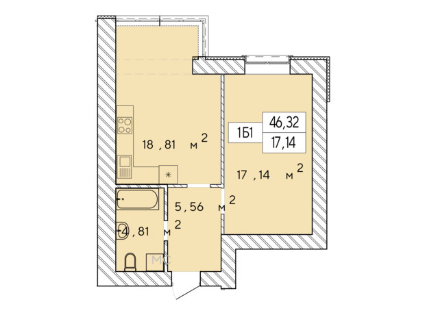 ЖК Фаворит Premium: планування 1-кімнатної квартири 46.32 м²