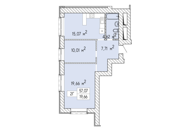 ЖК Фаворит Premium: планування 2-кімнатної квартири 57.07 м²