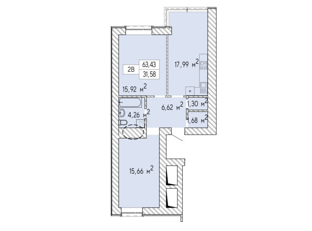 ЖК Фаворит Premium: планування 2-кімнатної квартири 63.43 м²