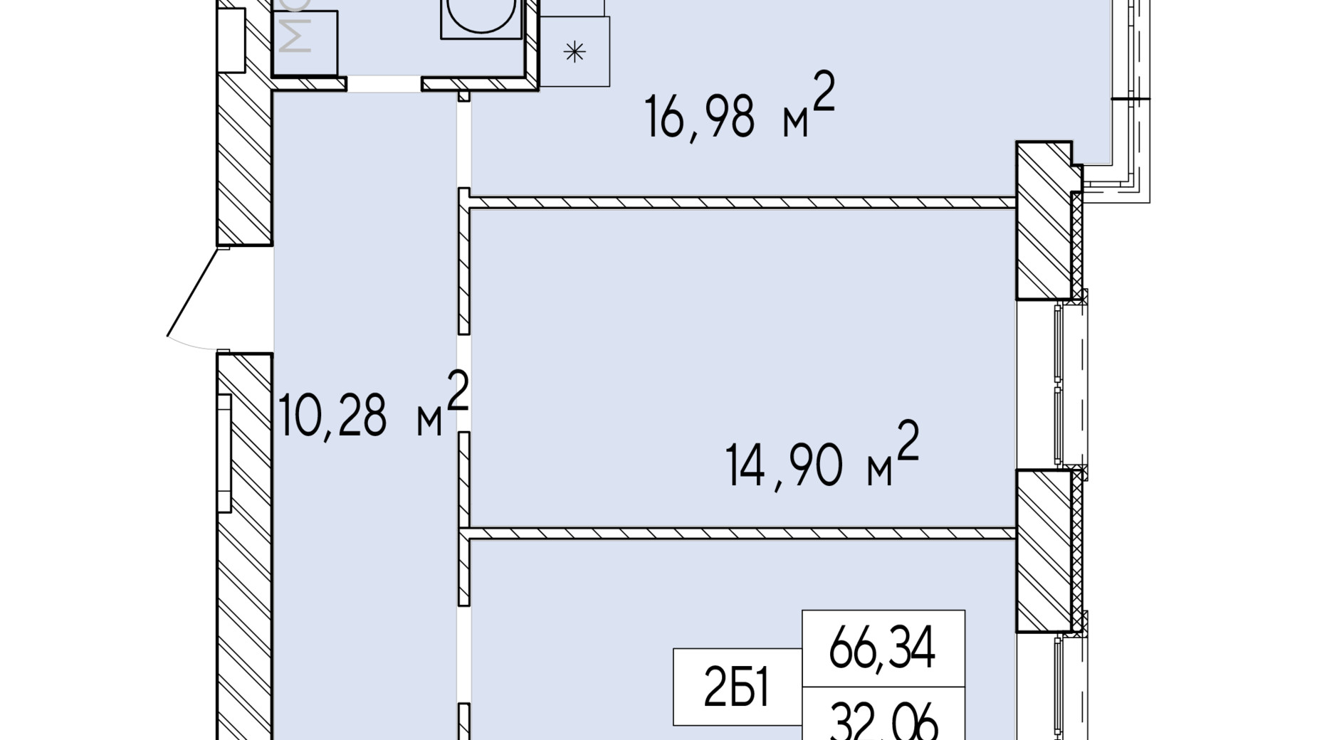 Планировка 2-комнатной квартиры в ЖК Фаворит Premium 66.34 м², фото 548487