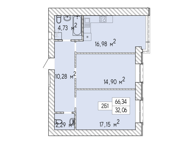 ЖК Фаворит Premium: планування 2-кімнатної квартири 66.34 м²