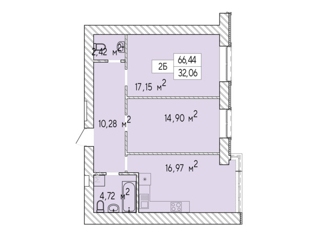 ЖК Фаворит Premium: планування 2-кімнатної квартири 66.44 м²