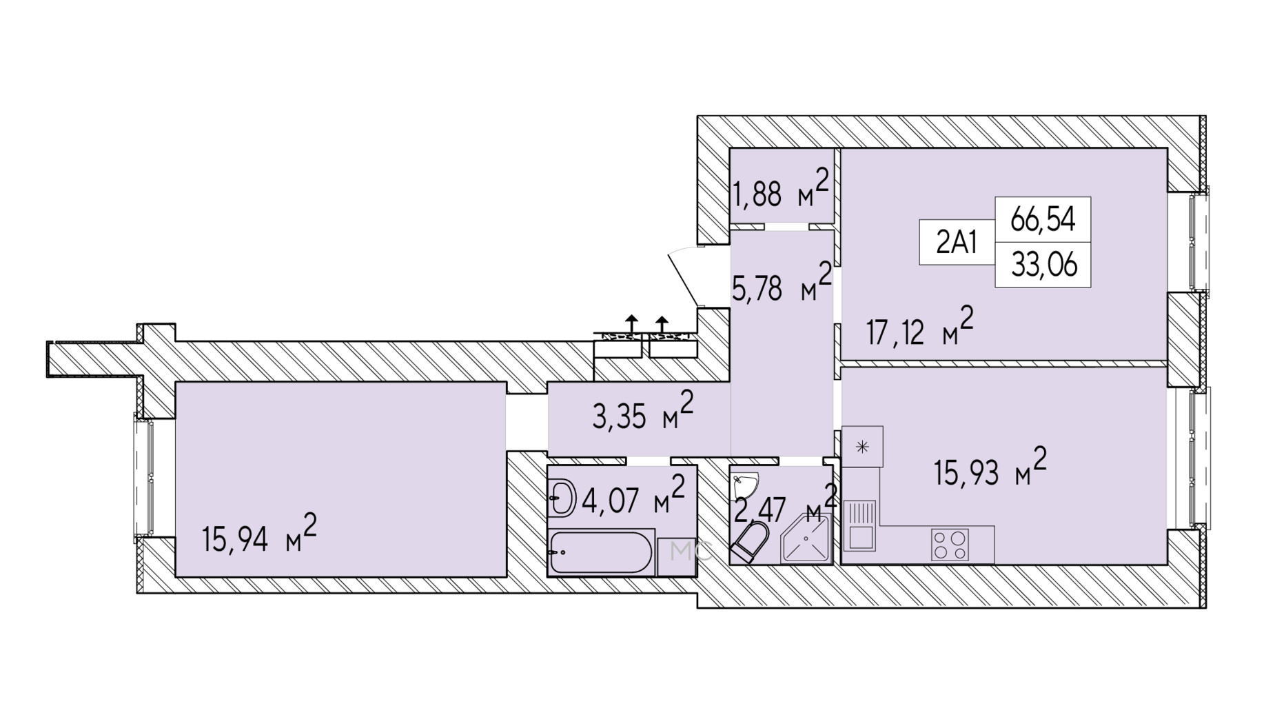 Планировка 2-комнатной квартиры в ЖК Фаворит Premium 66.54 м², фото 548492