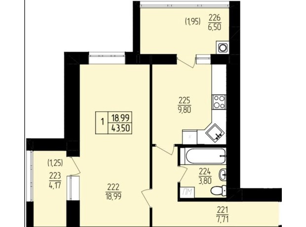 ЖК Амстердам: планування 1-кімнатної квартири 43.5 м²