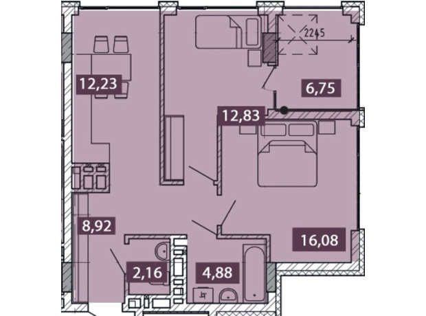 ЖК Novo Residence: планування 2-кімнатної квартири 63.85 м²