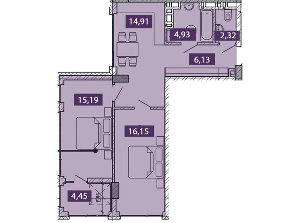 ЖК Novo Residence: планировка 2-комнатной квартиры 64.08 м²