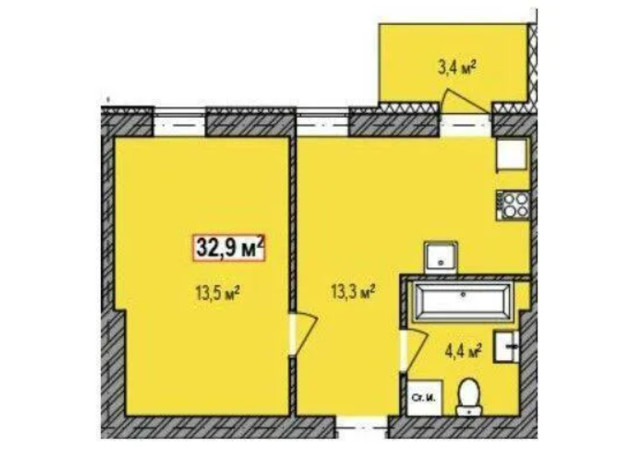 ЖК Dresden: планировка 1-комнатной квартиры 32.9 м²