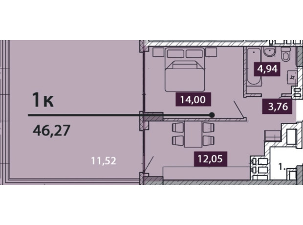 ЖК Novo Residence: планировка 1-комнатной квартиры 46.27 м²