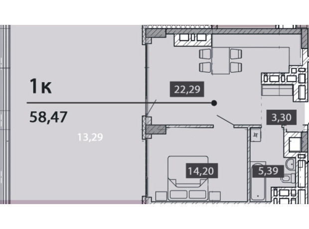 ЖК Novo Residence: планировка 1-комнатной квартиры 58.47 м²