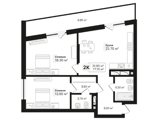 ЖК Auroom Air: планировка 2-комнатной квартиры 77.1 м²