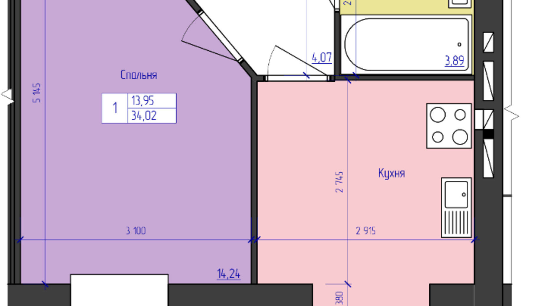 Планування 1-кімнатної квартири в ЖК Eco House 44.6 м², фото 548878