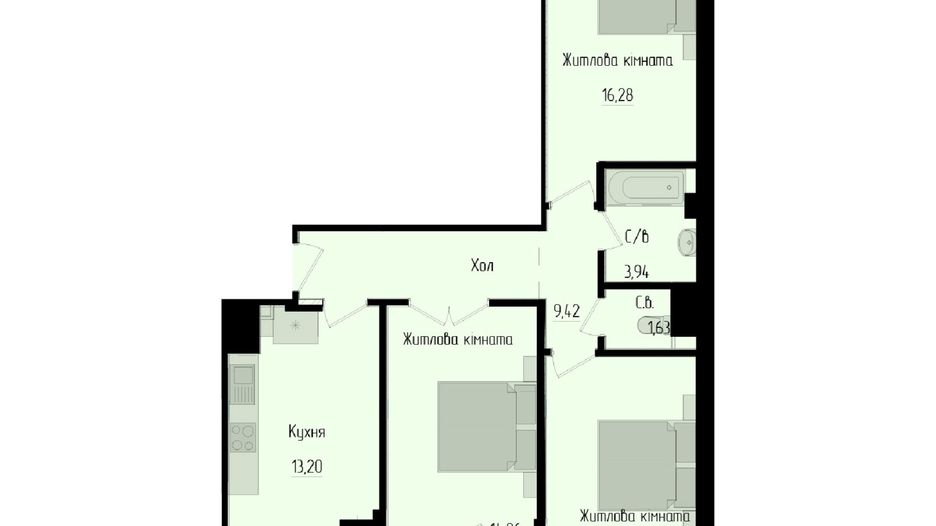 Планування 3-кімнатної квартири в ЖК Науковий 76.57 м², фото 548905