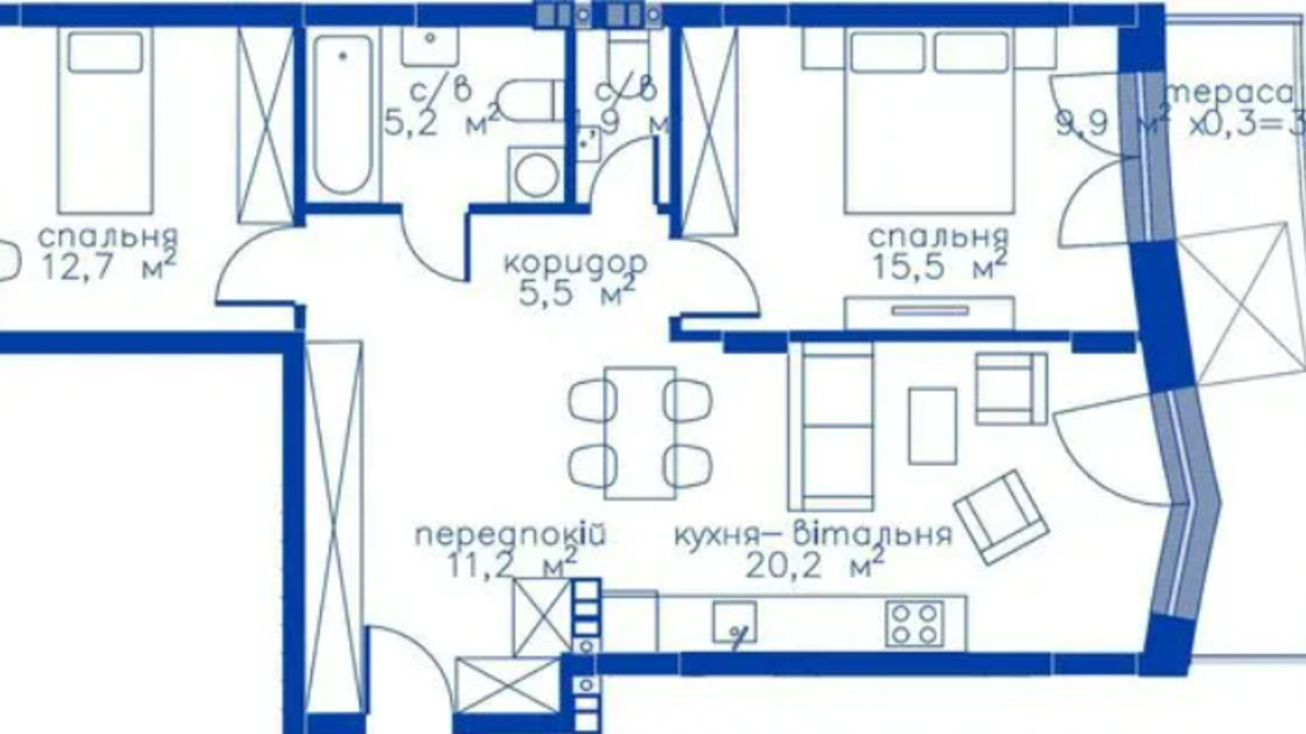 Планування 2-кімнатної квартири в Житловий район Rybalsky 75.2 м², фото 549126