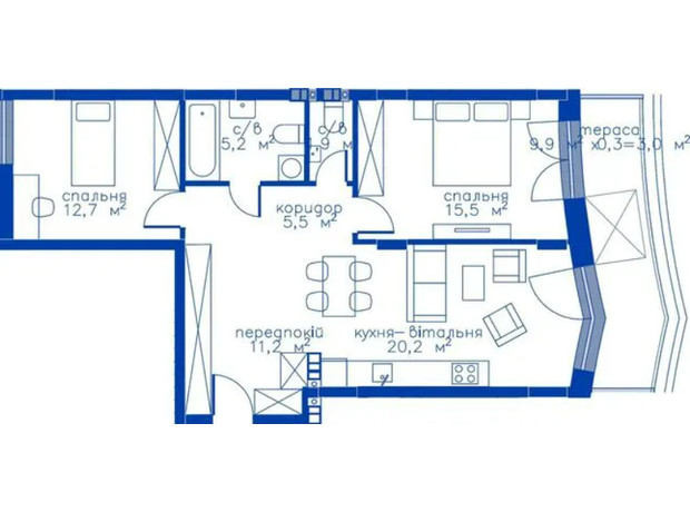 Житловий район Rybalsky: планування 2-кімнатної квартири 75.2 м²