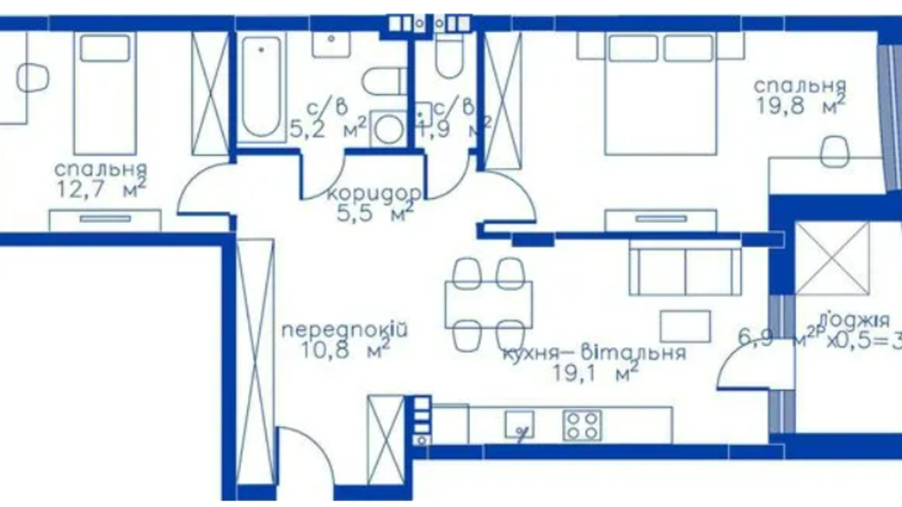 Планировка 2-комнатной квартиры в Жилой район Rybalsky 78.5 м², фото 549127