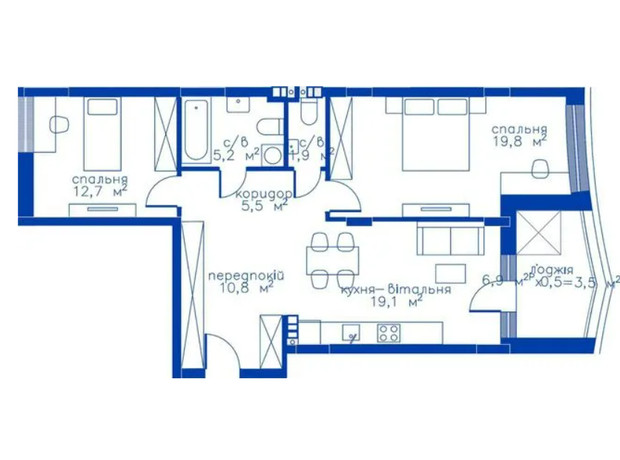 Жилой район Rybalsky: планировка 2-комнатной квартиры 78.5 м²