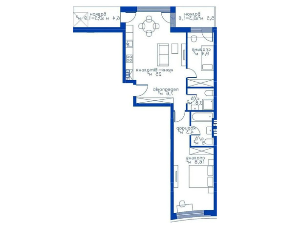 Жилой район Rybalsky: планировка 2-комнатной квартиры 75.4 м²