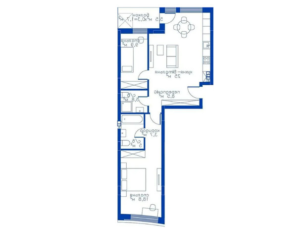 Жилой район Rybalsky: планировка 2-комнатной квартиры 76.4 м²