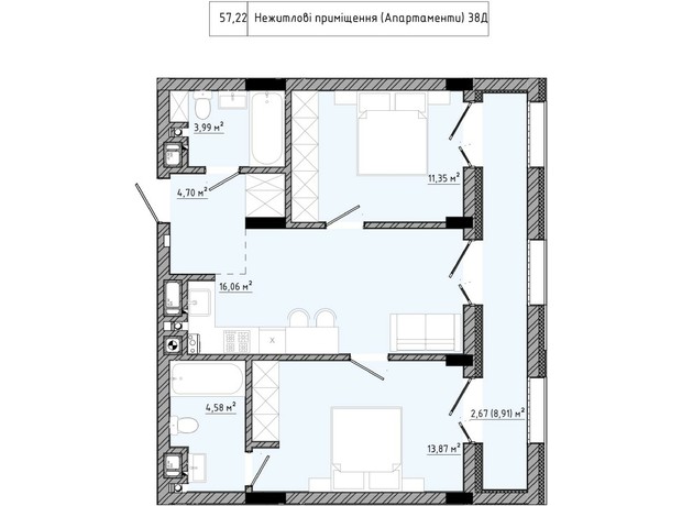 ЖК на Спортивній: планування 2-кімнатної квартири 57.22 м²