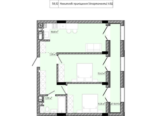 ЖК на Спортивной: планировка 2-комнатной квартиры 58.02 м²