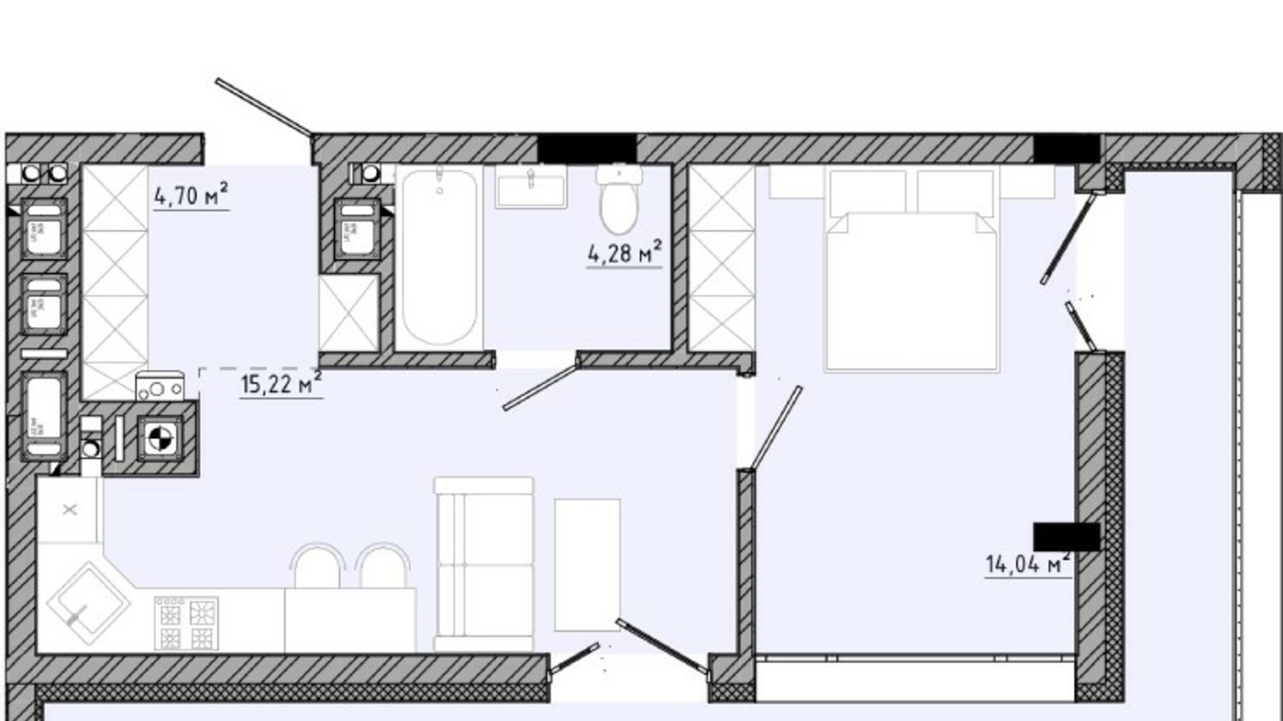 Планировка апартаментов в ЖК на Спортивной 42.96 м², фото 549191