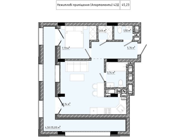 ЖК на Спортивной: планировка 1-комнатной квартиры 45.23 м²