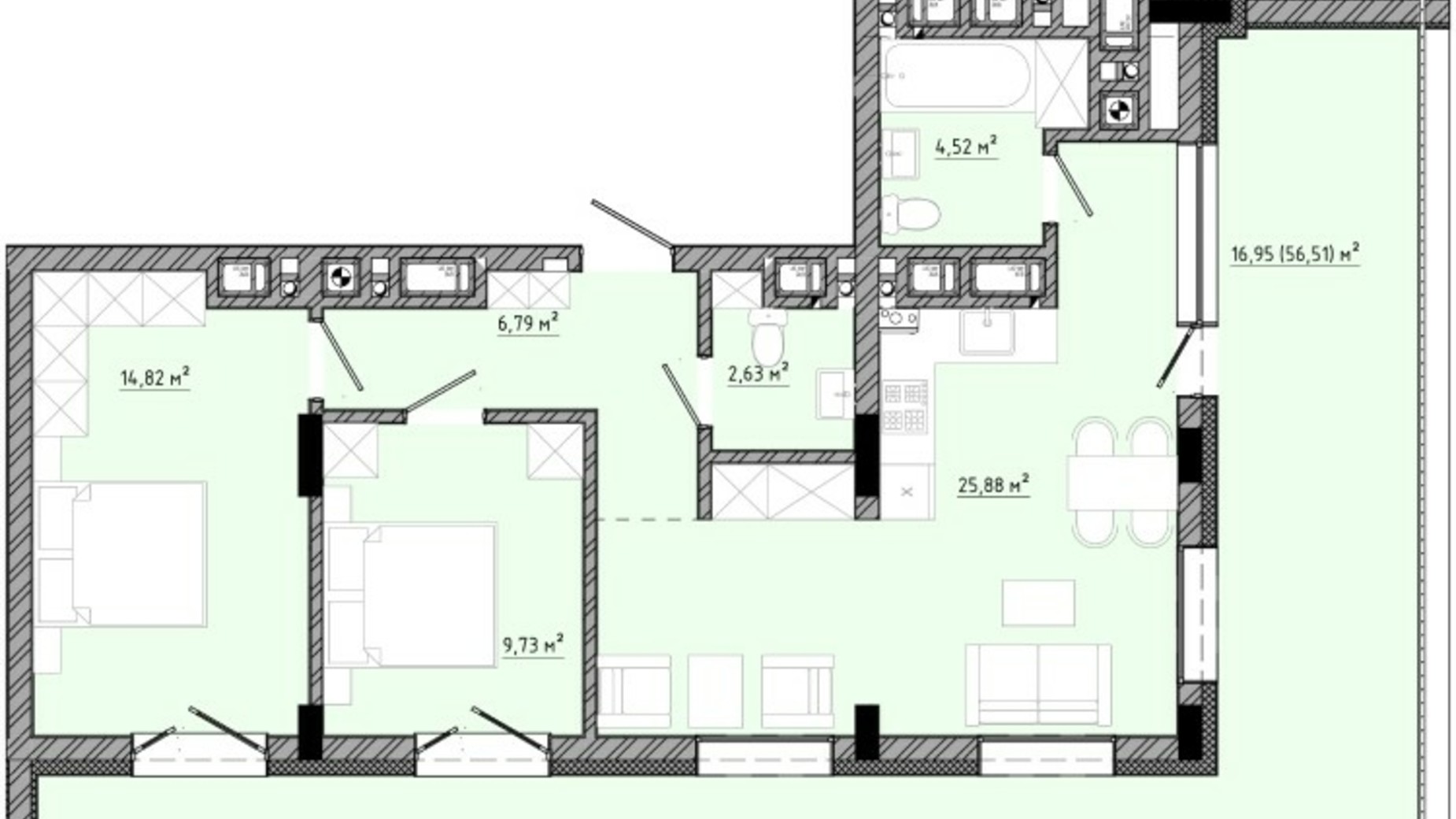 Планировка апартаментов в ЖК на Спортивной 81.32 м², фото 549206
