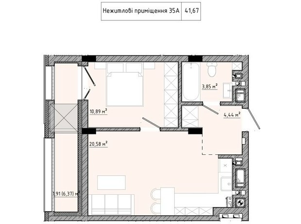 ЖК на Спортивной: планировка 1-комнатной квартиры 41.67 м²