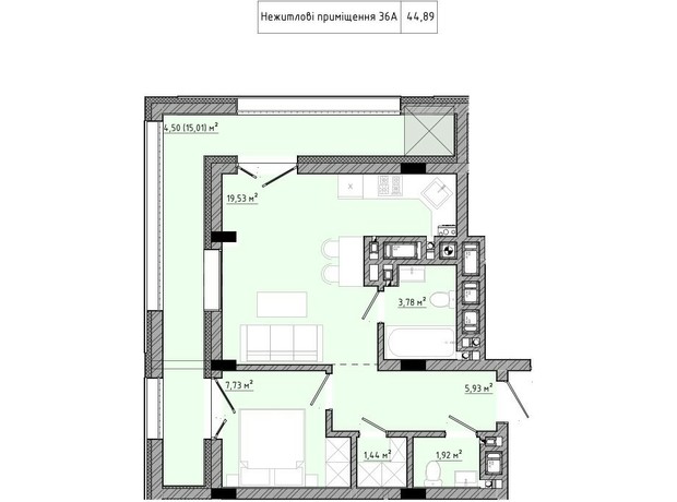 ЖК на Спортивній: планування 1-кімнатної квартири 44.89 м²