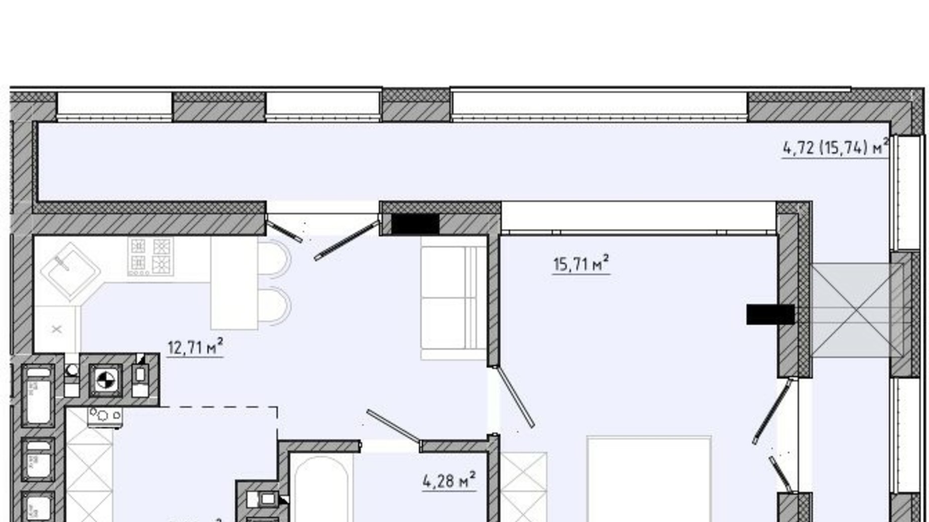 Планировка апартаментов в ЖК на Спортивной 42.82 м², фото 549218