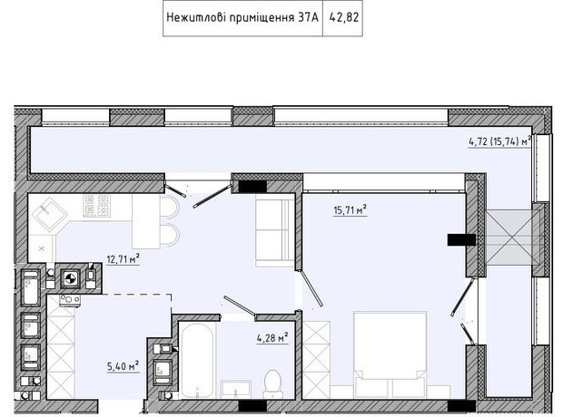 ЖК на Спортивной: планировка 1-комнатной квартиры 42.82 м²