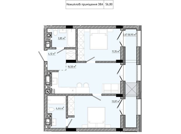 ЖК на Спортивной: планировка 1-комнатной квартиры 56.8 м²
