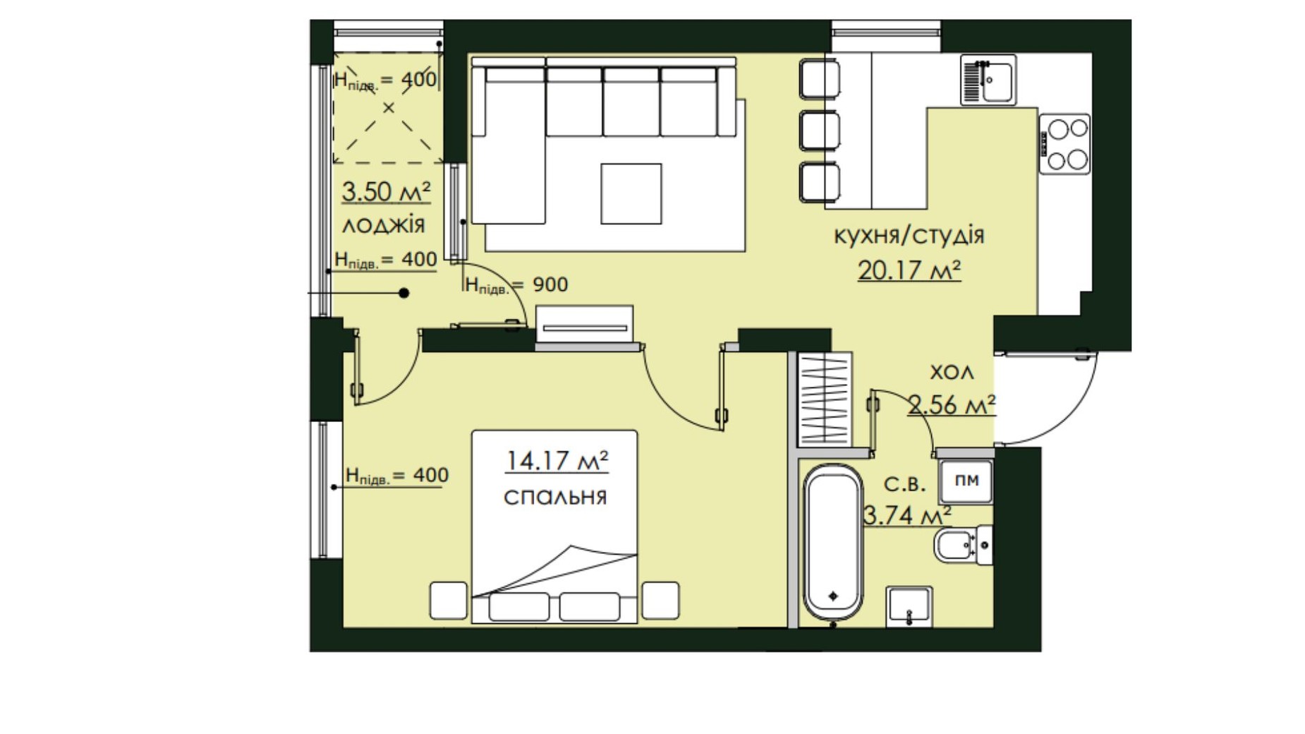 Планування 1-кімнатної квартири в ЖК Бетховен 44.14 м², фото 549244
