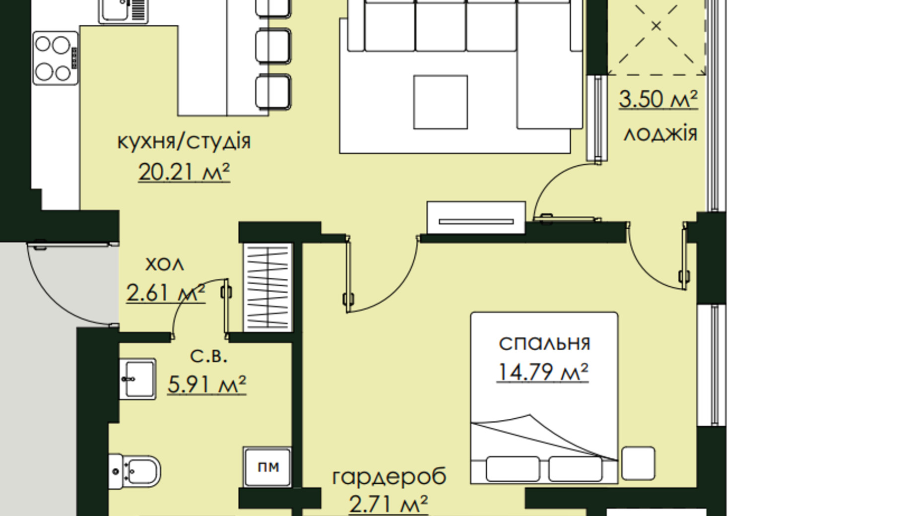 Планування 1-кімнатної квартири в ЖК Бетховен 49.73 м², фото 549245