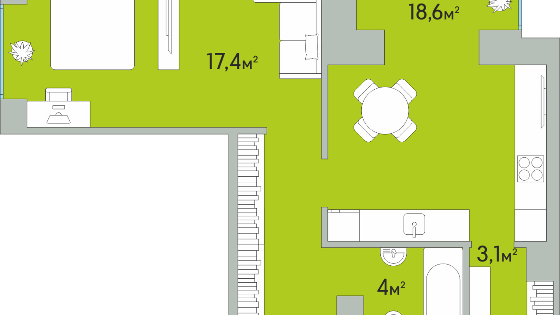 Планування 1-кімнатної квартири в ЖК Green Estate 51.9 м², фото 549333