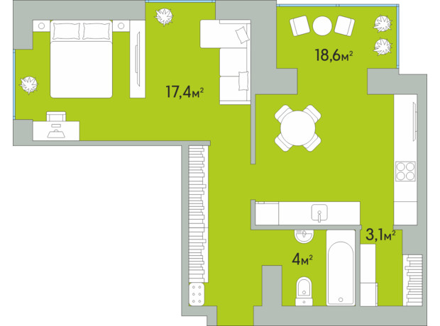 ЖК Green Estate: планування 1-кімнатної квартири 51.9 м²