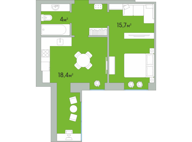 ЖК Green Estate: планування 1-кімнатної квартири 44.9 м²