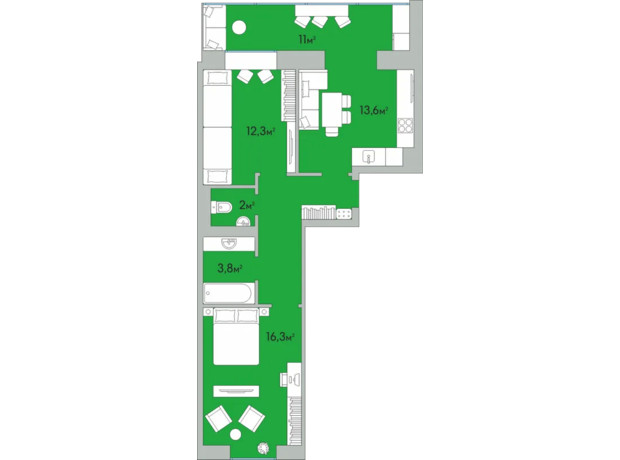 ЖК Green Estate: планування 2-кімнатної квартири 72.8 м²