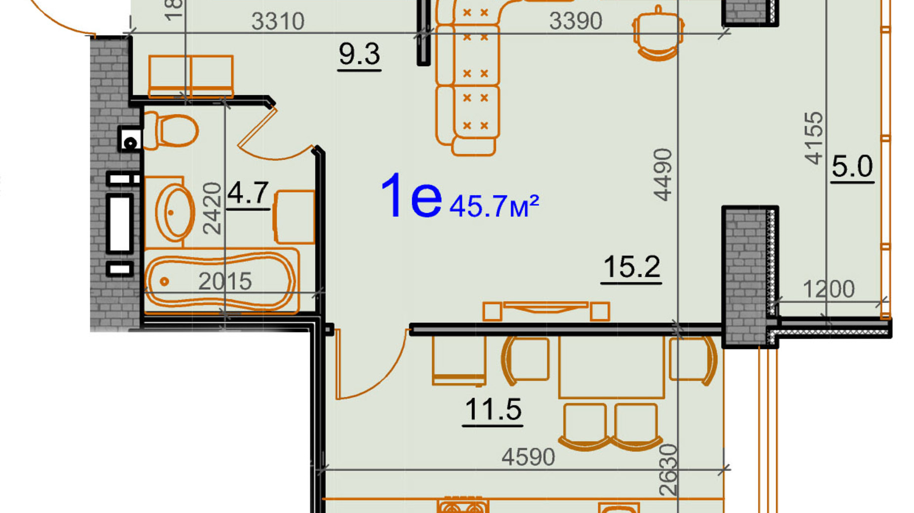 Планировка 1-комнатной квартиры в ЖК Курортный 45.7 м², фото 549340