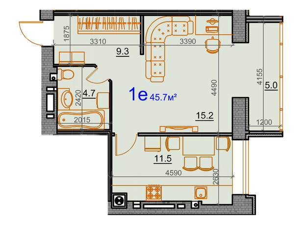 ЖК Курортный: планировка 1-комнатной квартиры 45.7 м²